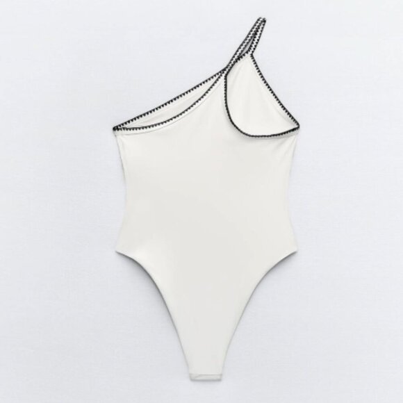 NEW Zara | Embroidered Asymmetric Swimsuit In White/Black - Picture 12 of 13